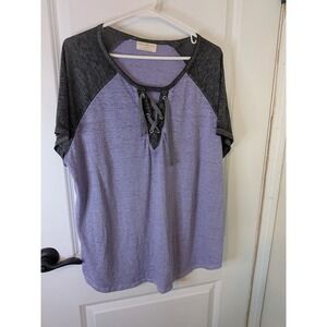 Bobbie Brooks Womens 1X Purple Grey Raglan Lace Up V-Neck‎ Baseball Tee Shirt
